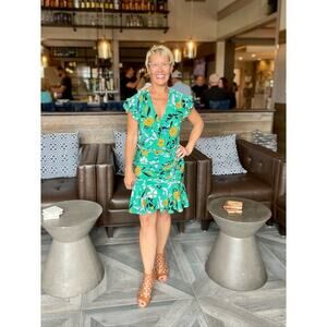 VERONICA BEARD Green Floral Printed Silk Ruched Ruffled Maria Dress Size 4